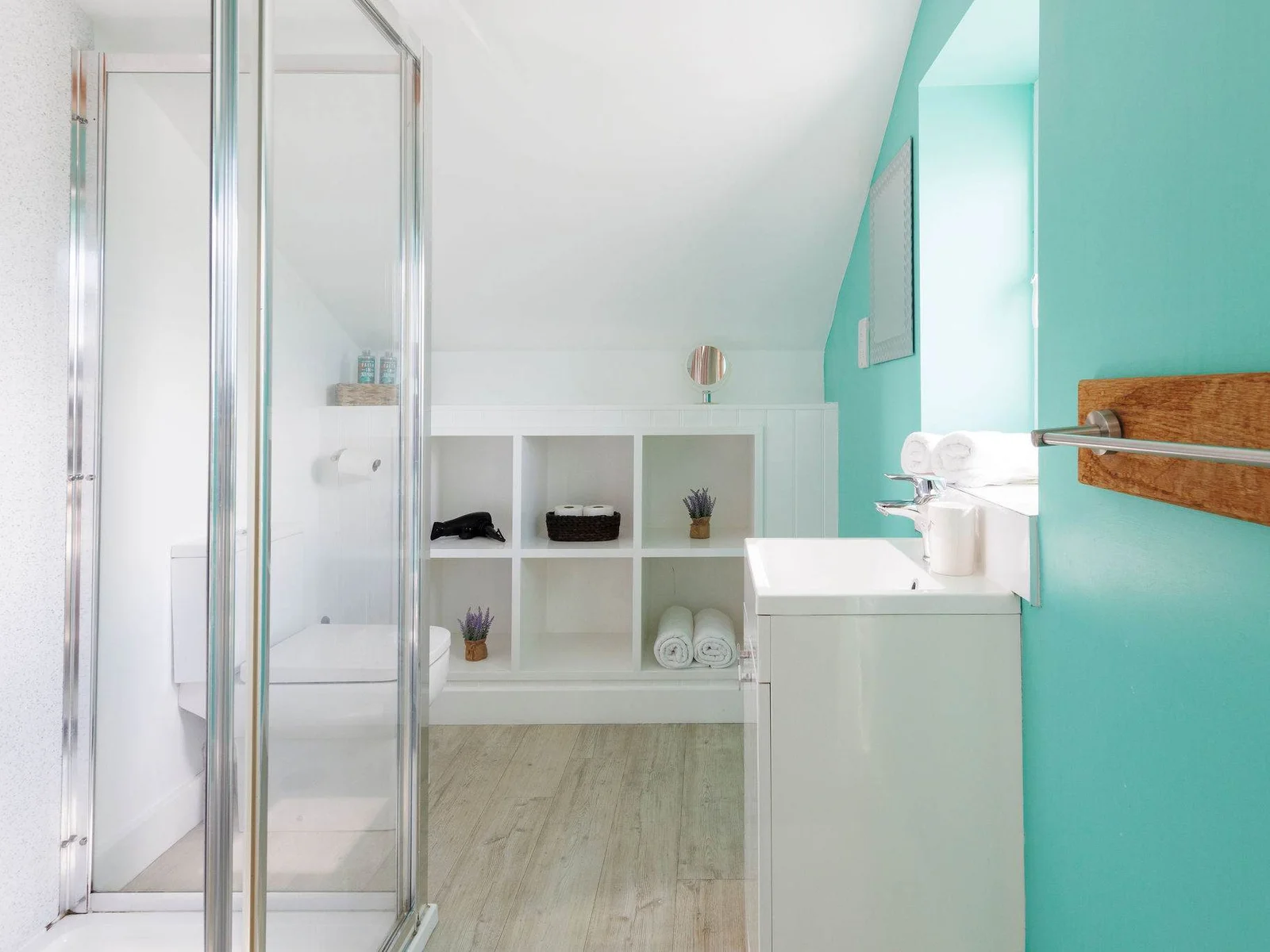 The master bedroom's ensuite has a large walk-in shower, WC and sink.