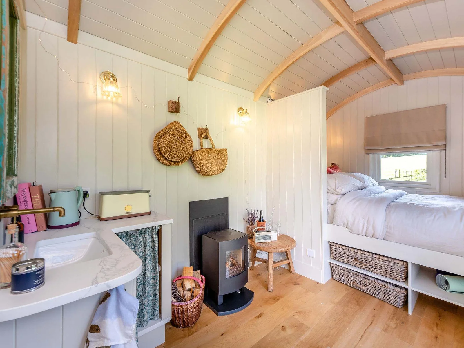 The luxury Shepherd’s Hut, cosy, beautifully finished and tucked away in the grounds