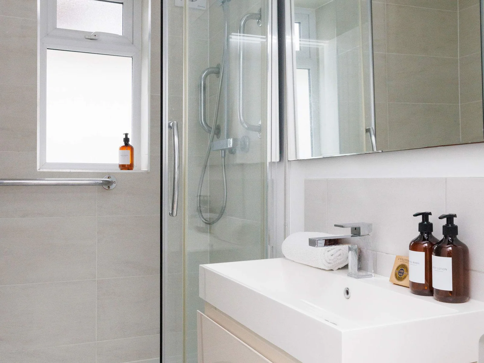 Spacious downstairs shower room, with WC and sink.