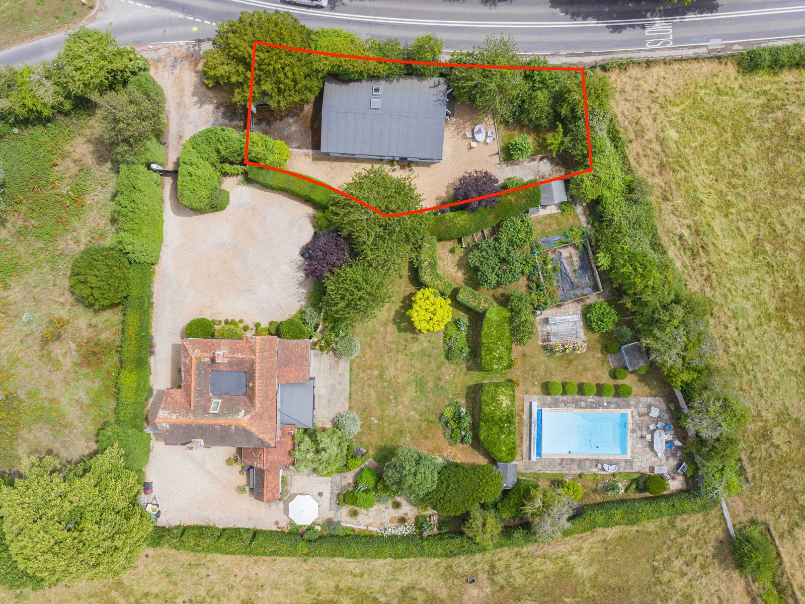 Aerial view showing the house and annexe