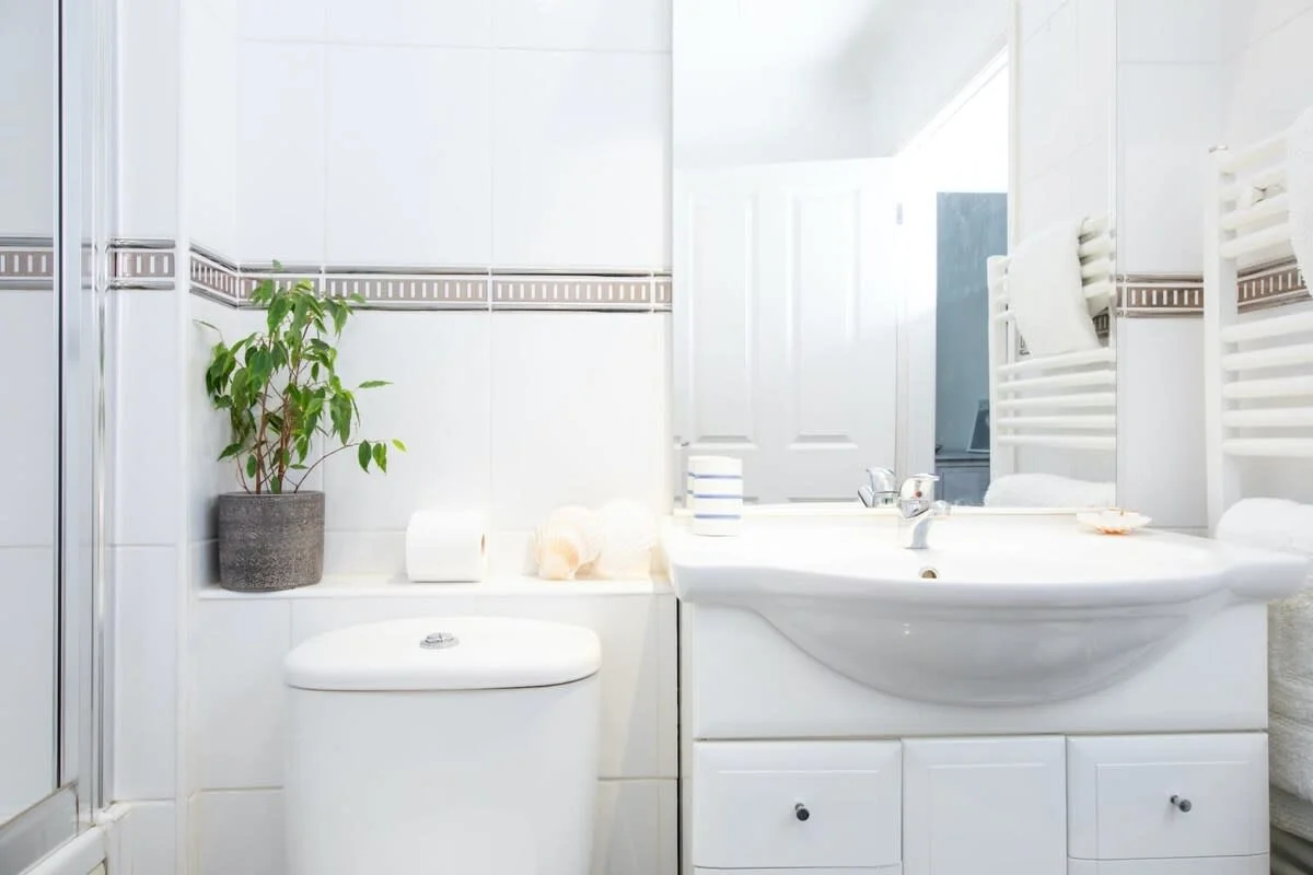 Another angle of the downstairs bathroom with tub and shower.
