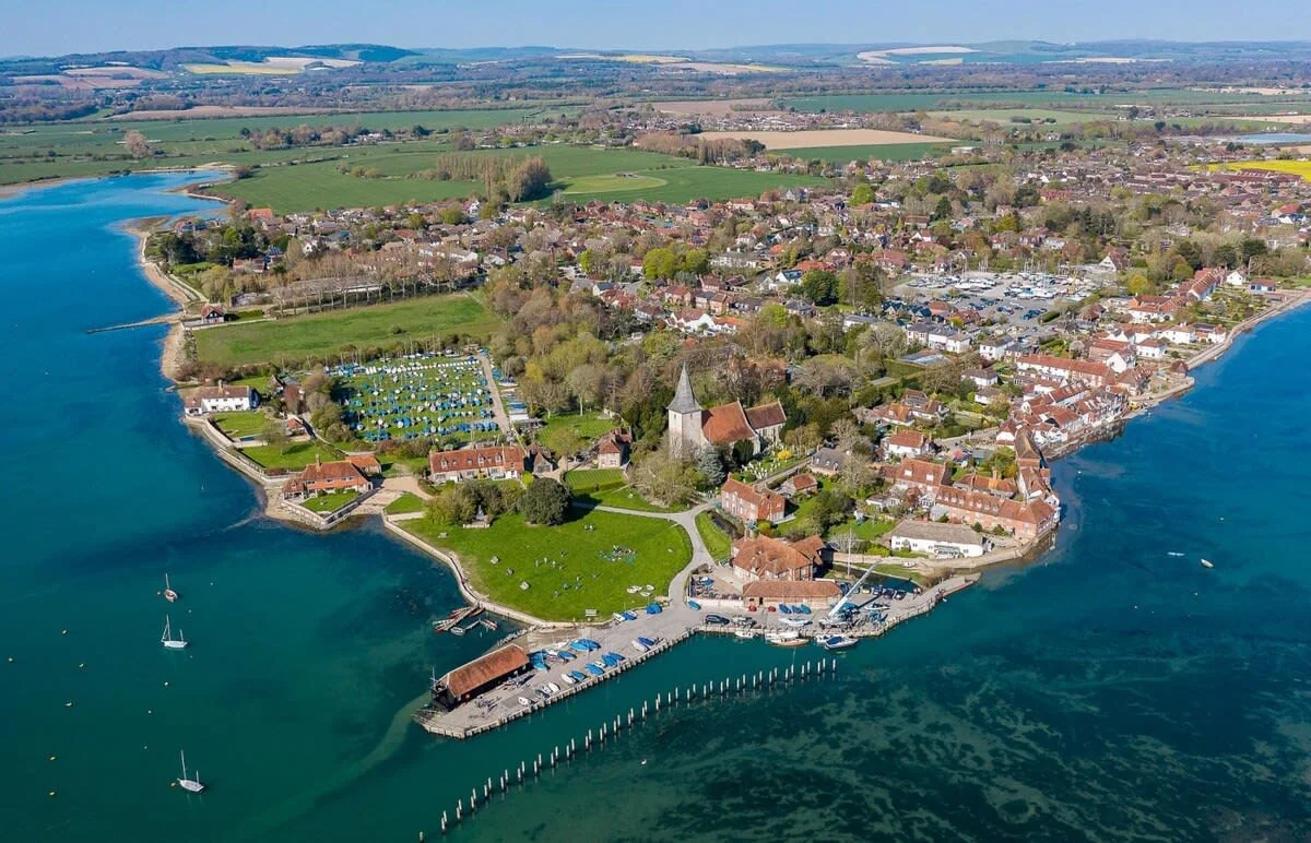 Aerial shot of Bosham harbour and quay.