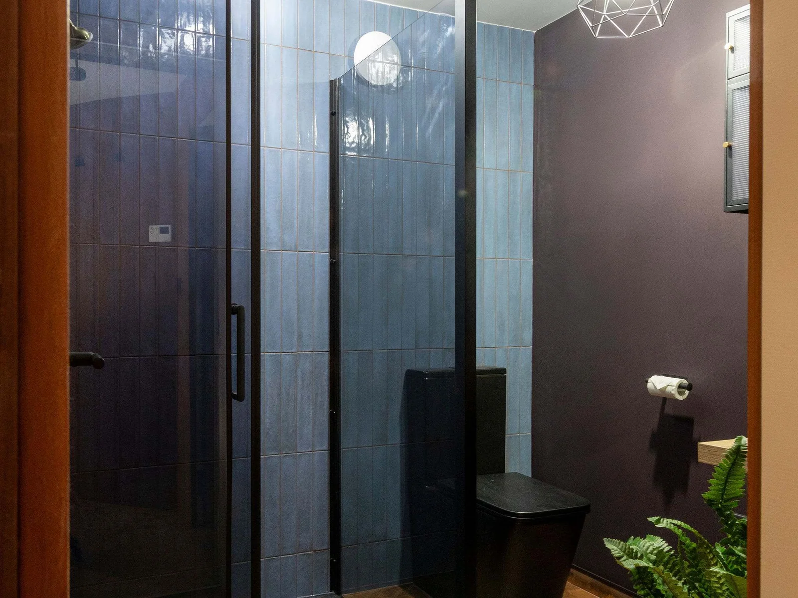The stylish bathroom includes a large walk-in shower, WC, and sink.