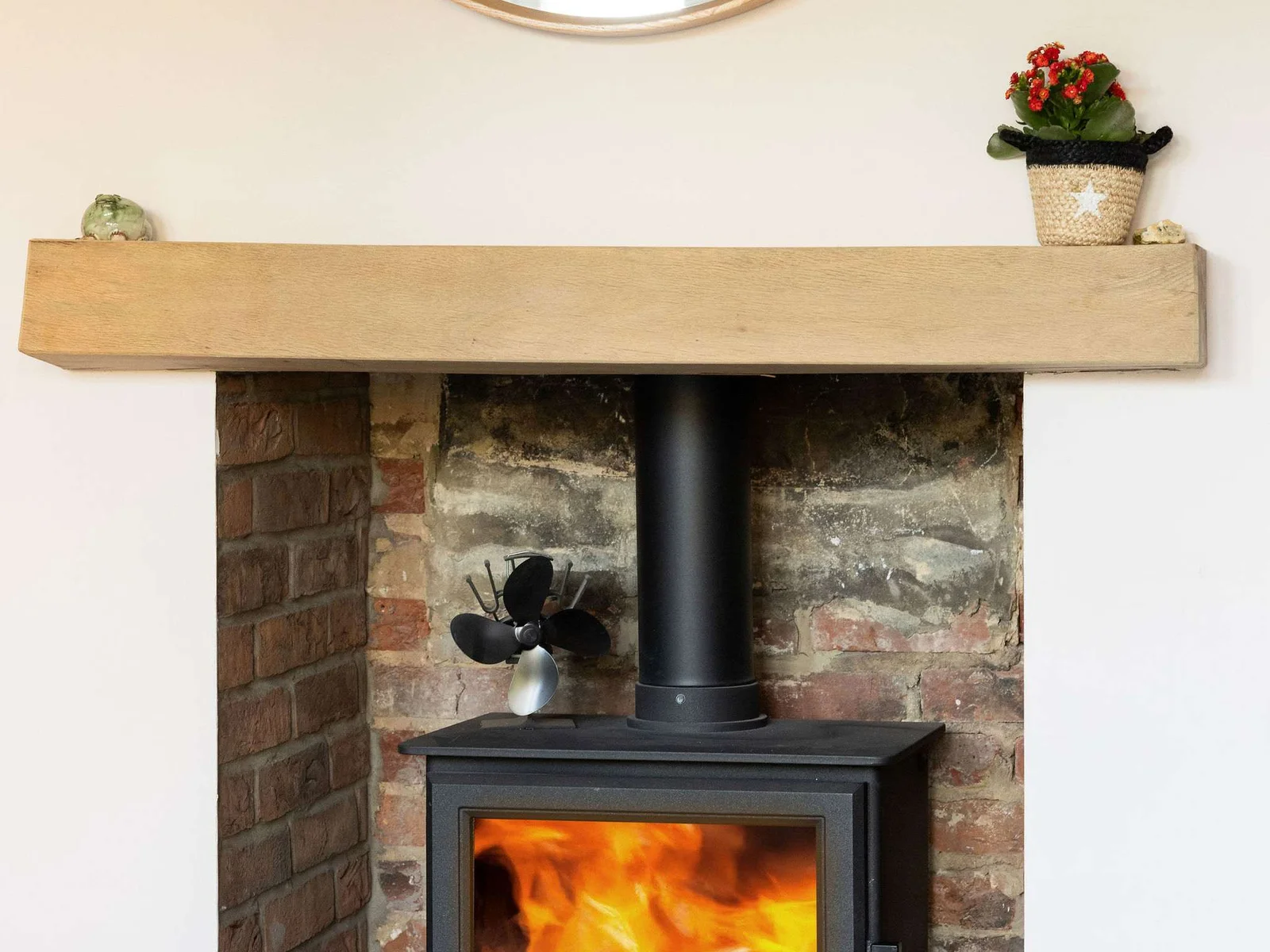 Overhead mirror and roaring fire!