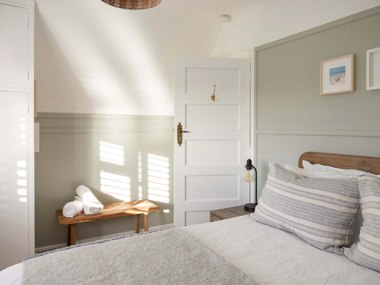 Stylish double bedroom with calm decor.