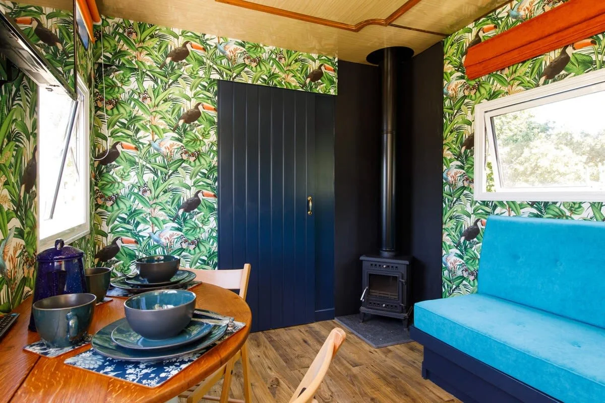 There is a sliding door to separate the living space and bedroom.