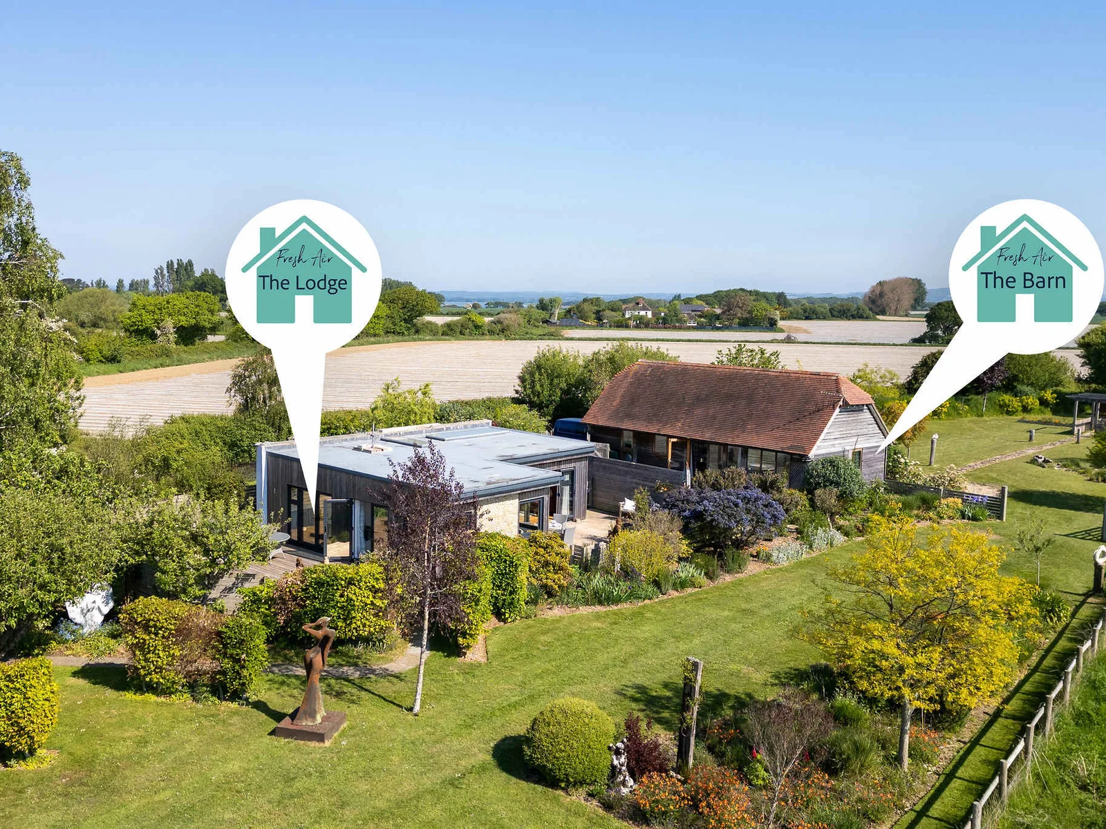The Barn and the Lodge are two separate holiday lets side by side, which can be rented together to sleep up to 10 guests.