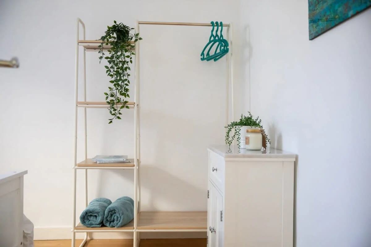 Make yourself at home, with plenty of draws, shelves and hanging space for your clothes.