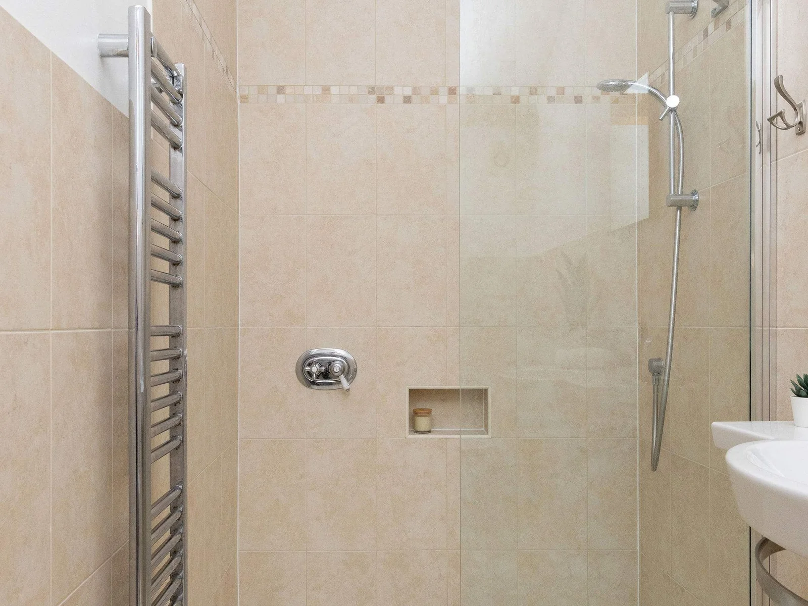 Spacious walk in shower in the ensuite of the Buttercup room.