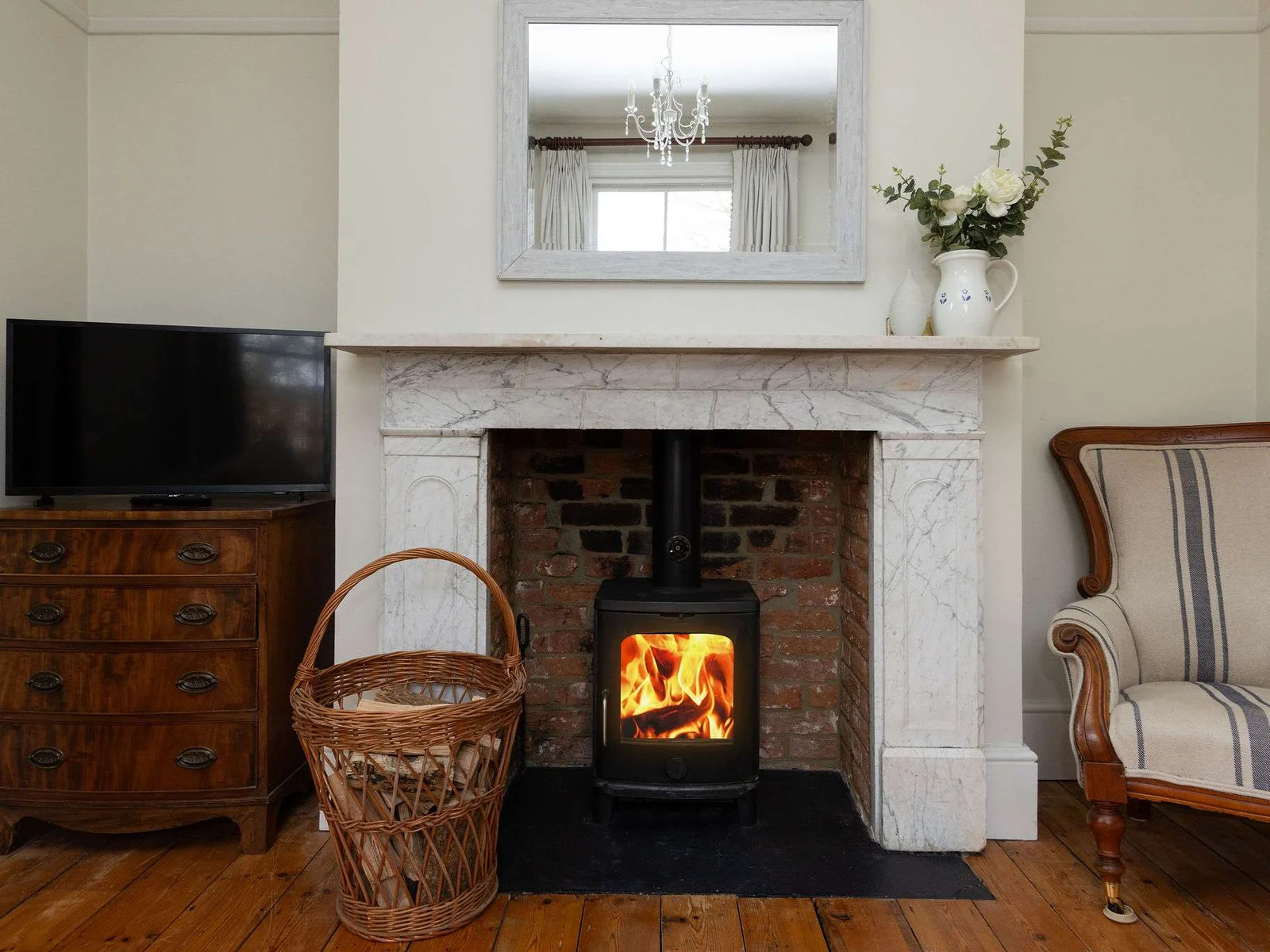 Cosy wood-burning stove for relaxing countryside evenings.