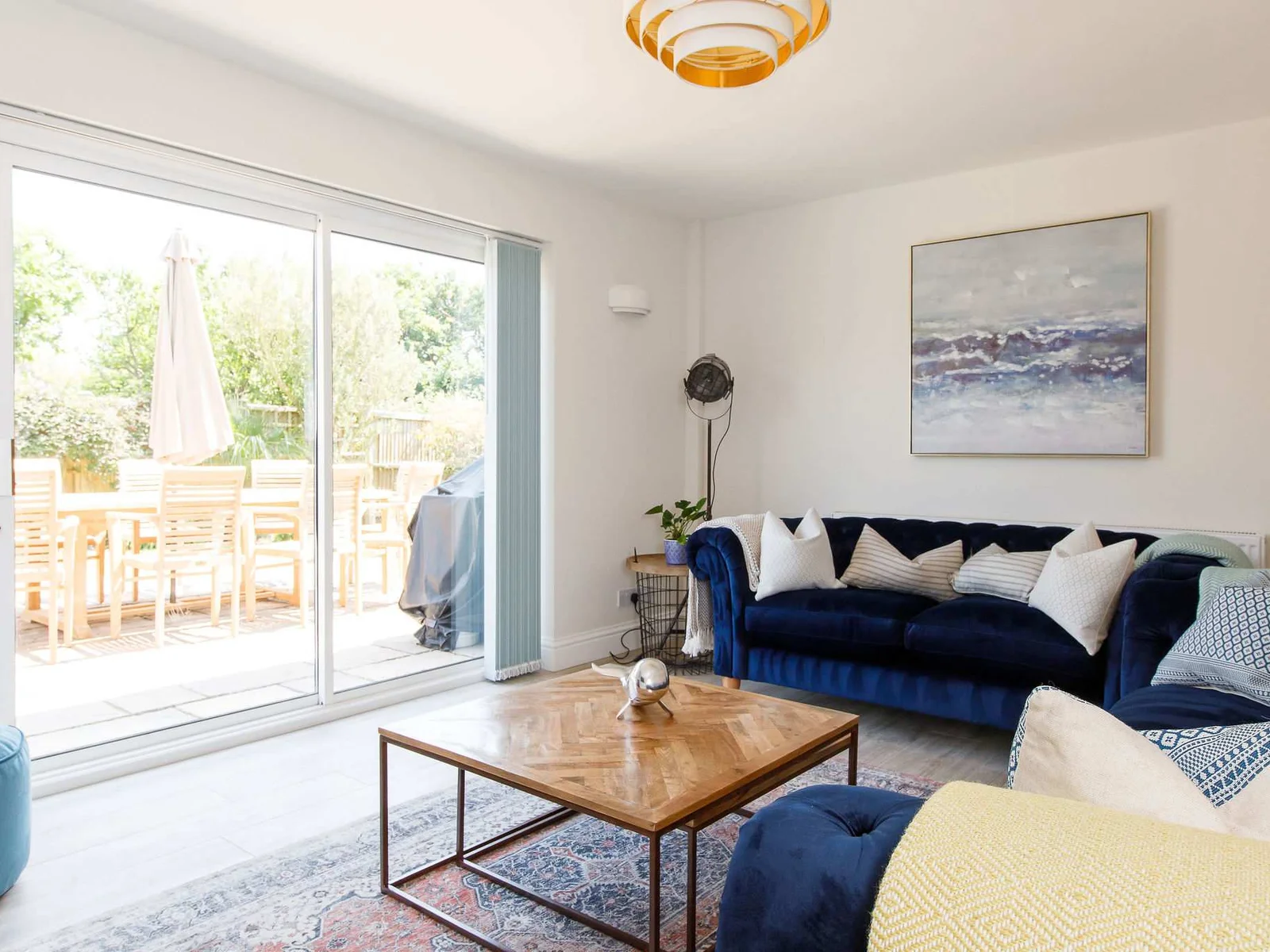 On warmer days, open the sliding doors to the patio.