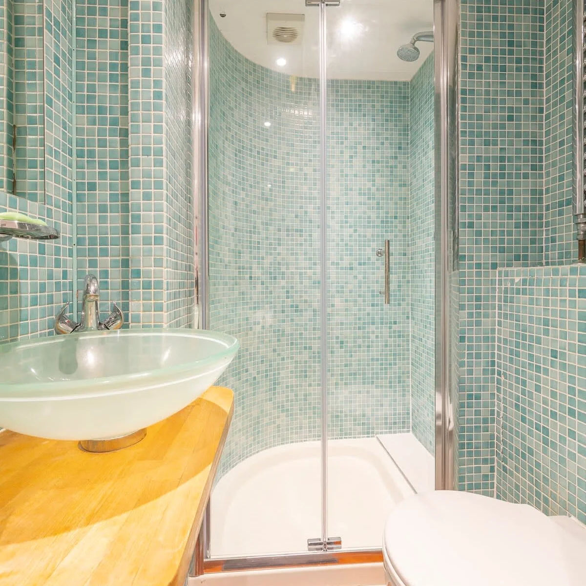 The en-suite is a modern walk-in shower complemented by a sink and toilet.