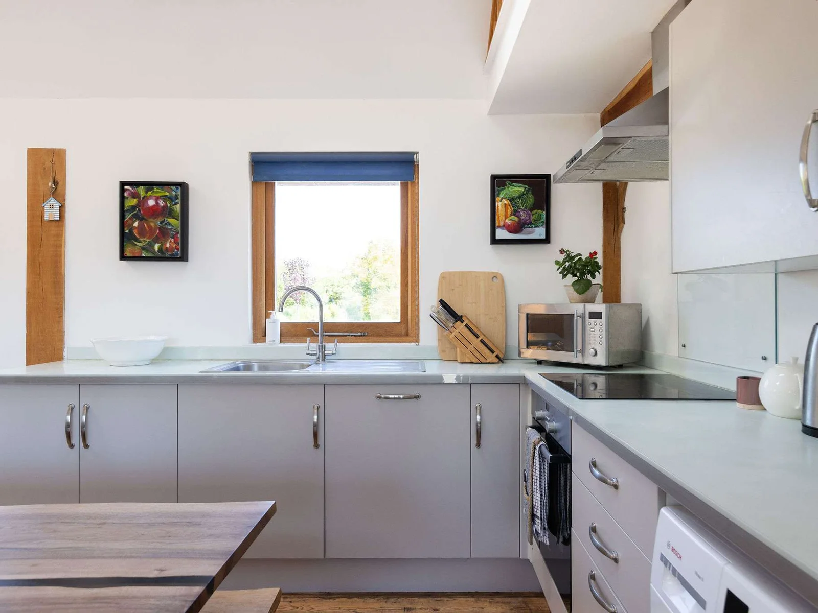 Our fully equipped kitchen boasts a coffee maker, microwave, oven, and more.