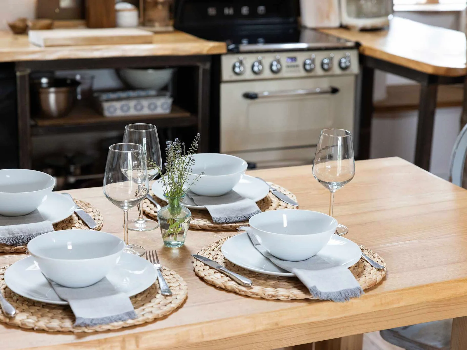 A fully equipped kitchen with handcrafted character — everything you need, nothing you don't.