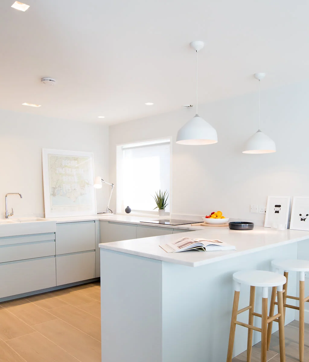 Stylish and spacious with pendant lighting.