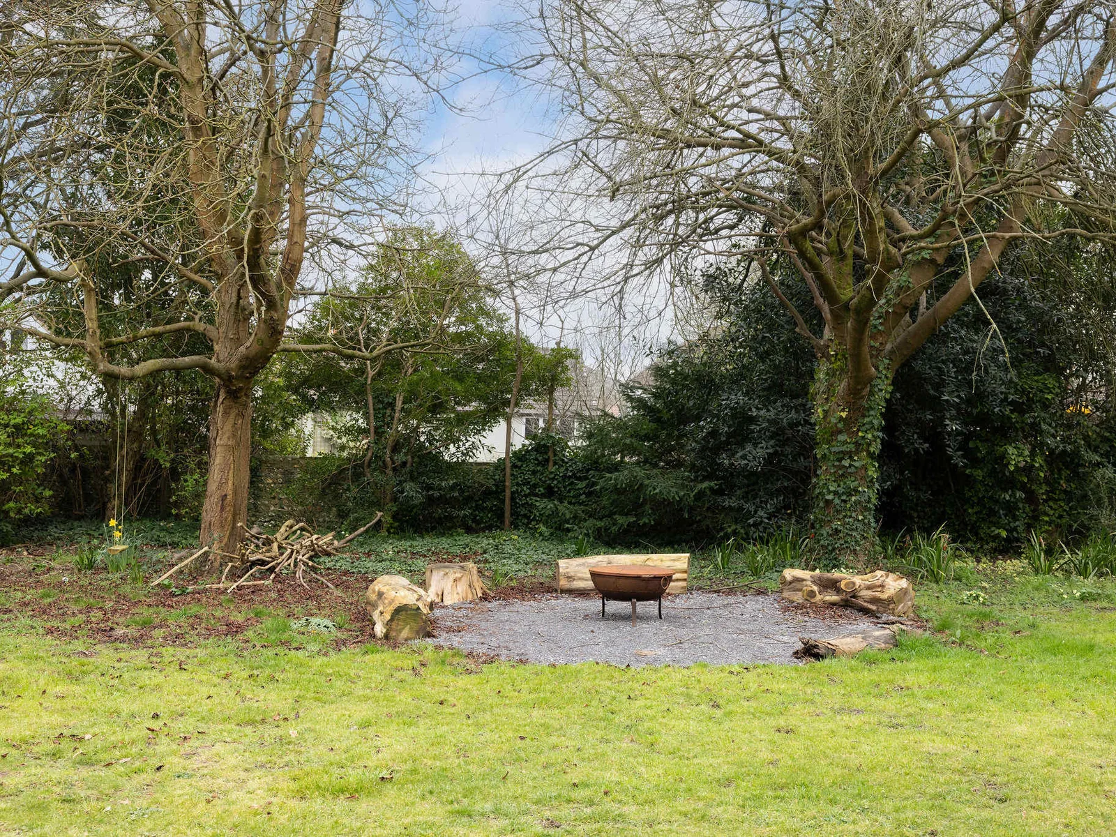 Marshmallows at the ready, a rustic fire pit area beneath towering trees, ideal for gatherings