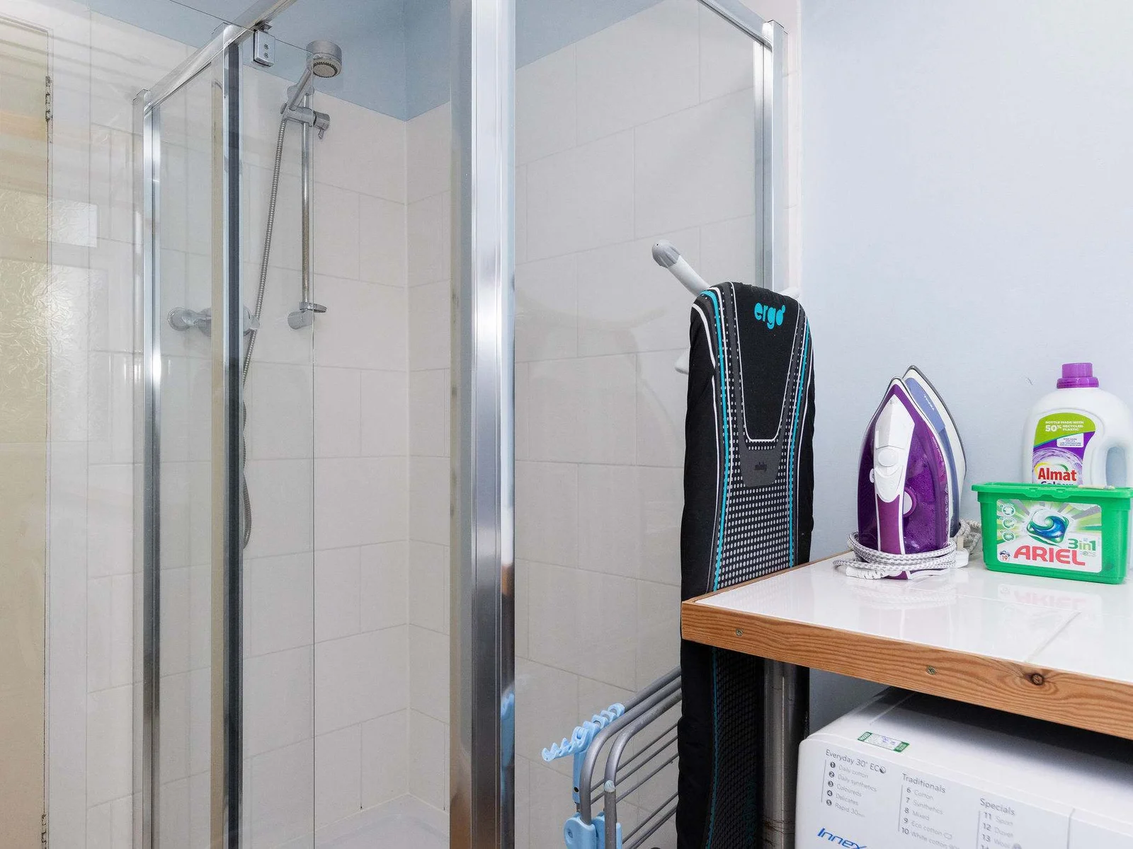 Handy downstairs bathroom with shower, toilet and sink