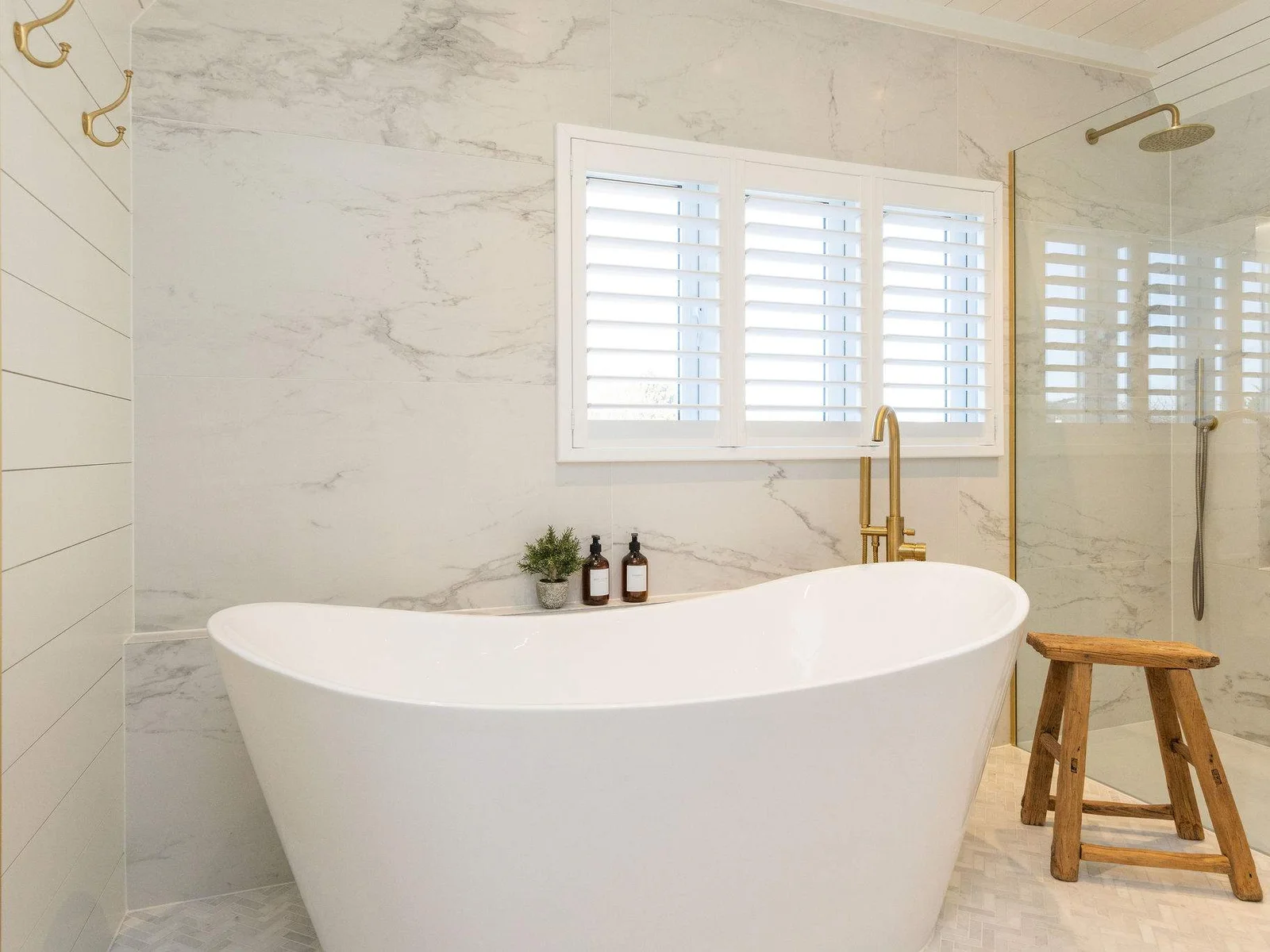 Luxury bath with separate walk-in shower.