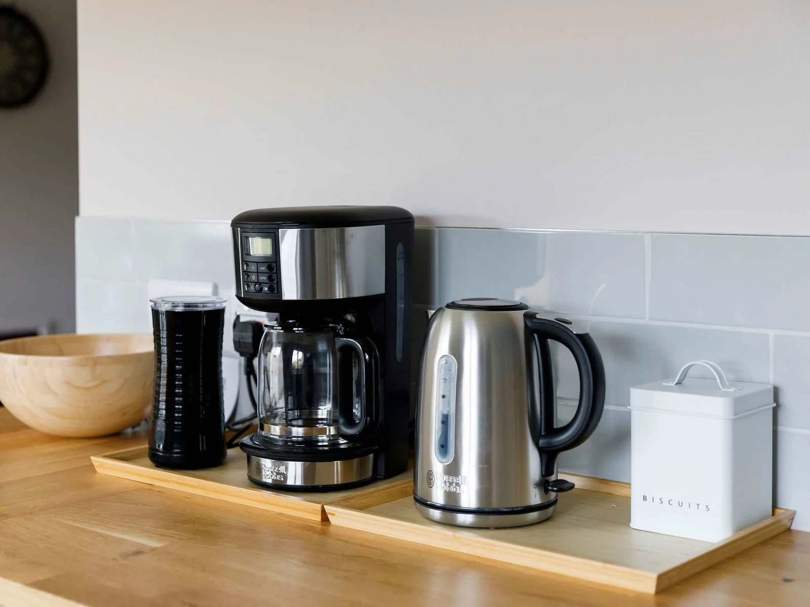 The home has a filter coffee machine, milk frother and kettle.