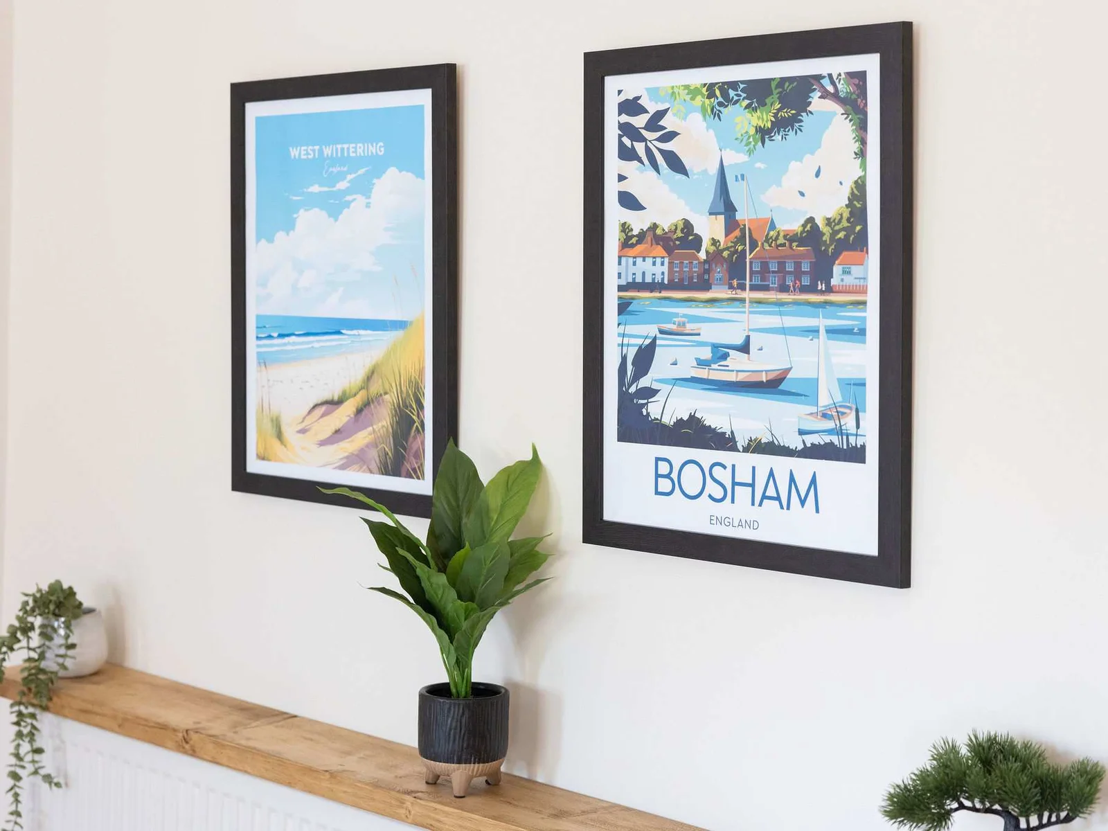 Beautiful artwork showing the stunning local areas you can visit - Bosham Quay Village and West Wittering's blue flag beach.