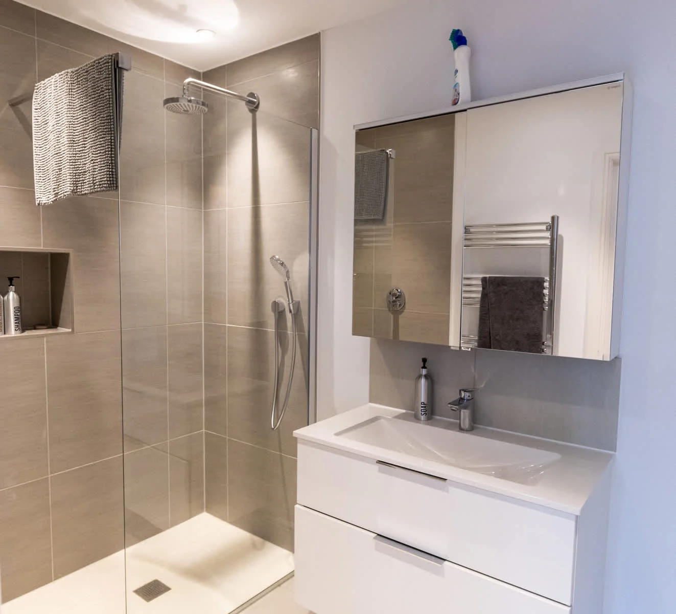 Contemporary bathroom with walk-in shower, sleek vanity and modern finishes.