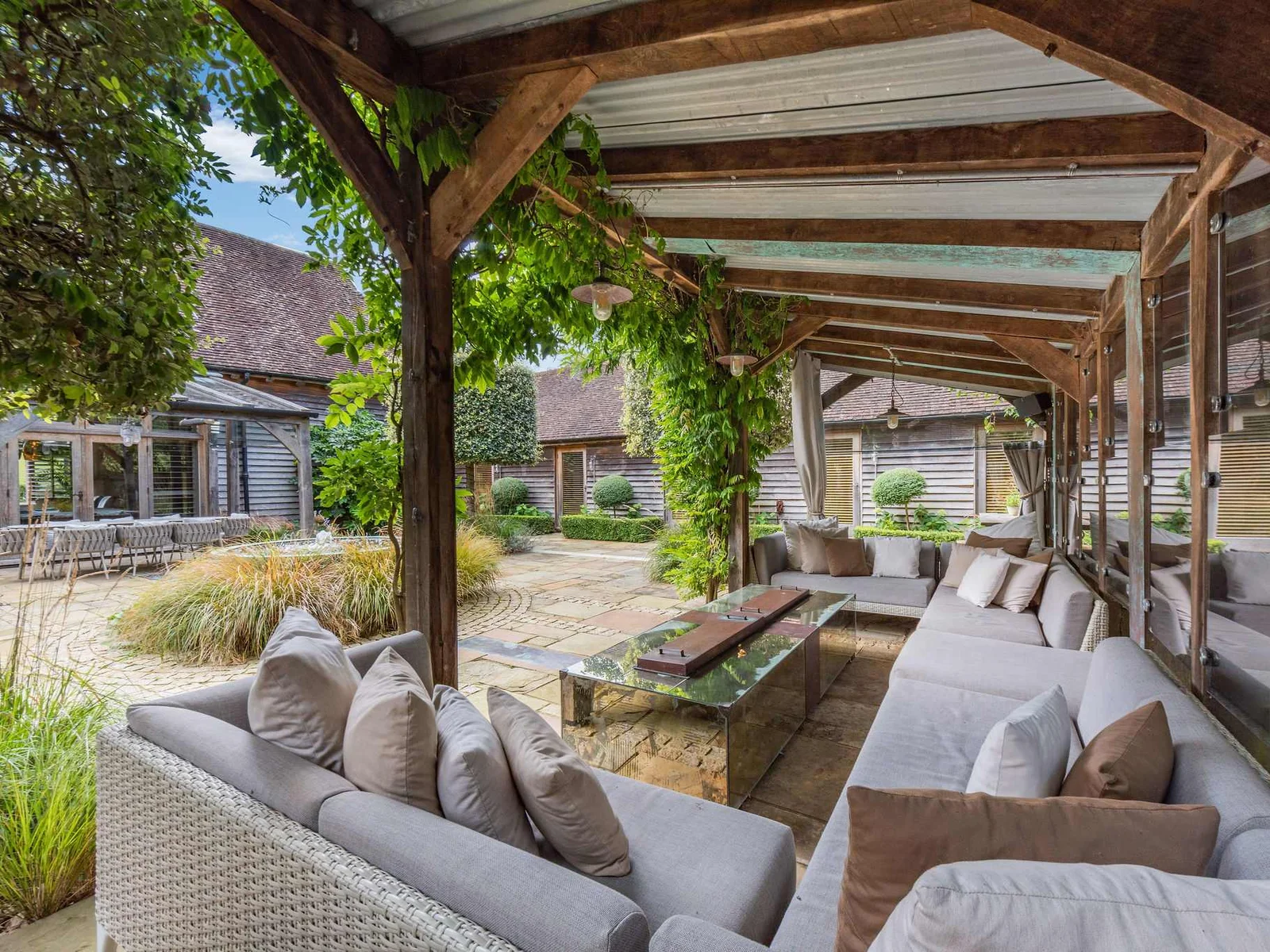 A relaxed covered seating area overlooking the central courtyard