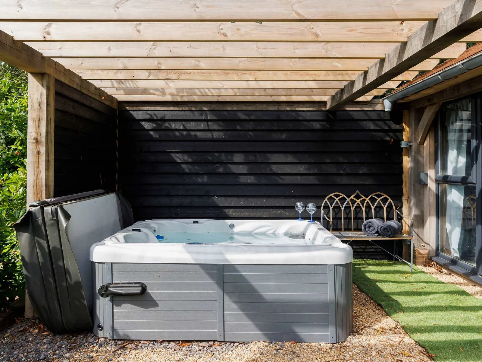 The hot tub is open and heated all year round.
