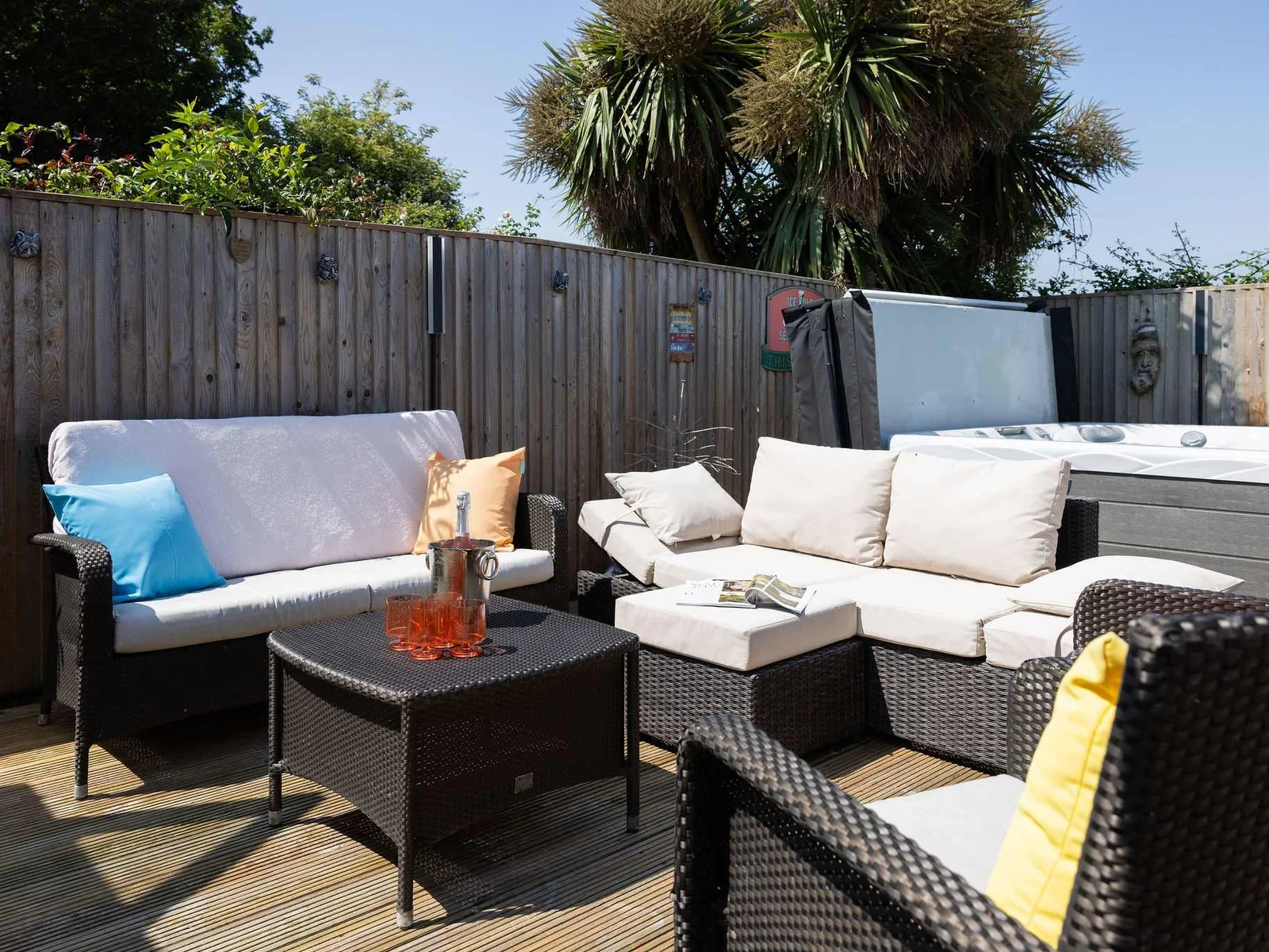 Hot tub and comfy seating in the sun
