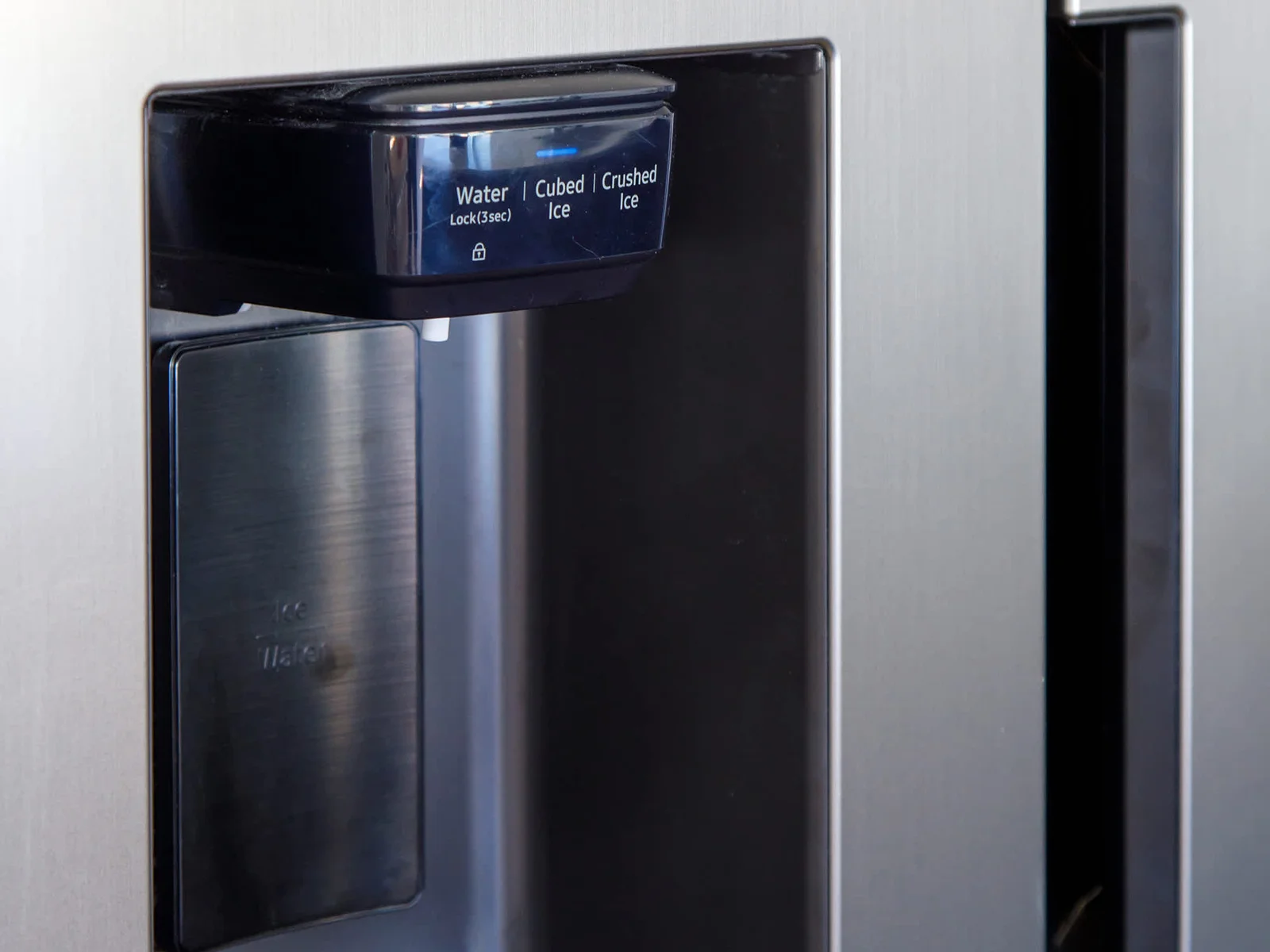 The fridge/freezer has an ice and water function.