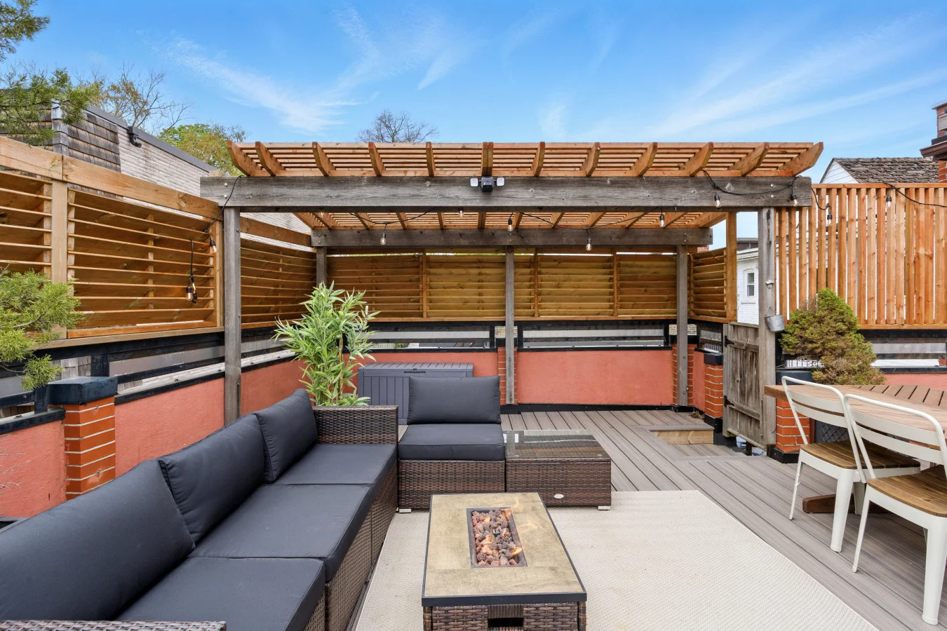 The outdoor areas’ plush seating beckons you to sink in and relax, surrounded by light and airy decor.