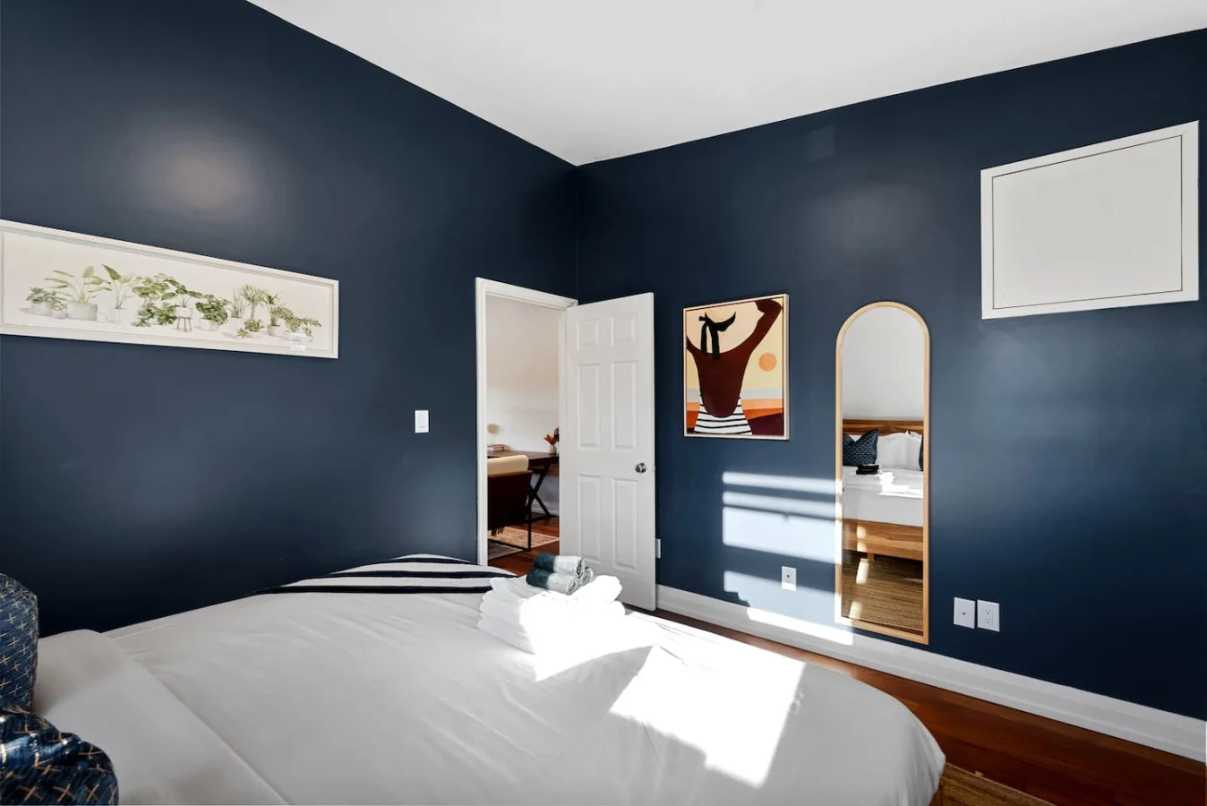 As you enter the bedroom, the sophisticated decor and plush bedding create a space where you can truly unwind.