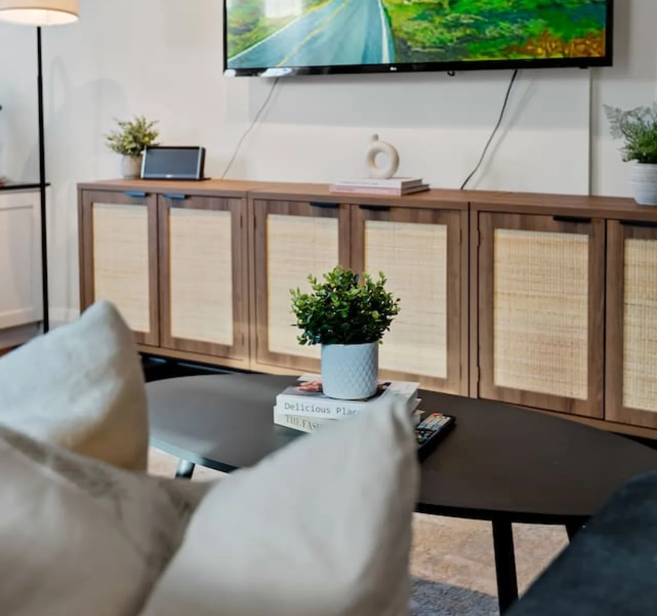 Relax in the living room and watch your favorite shows, lounging is a great way to unwind after a long day.