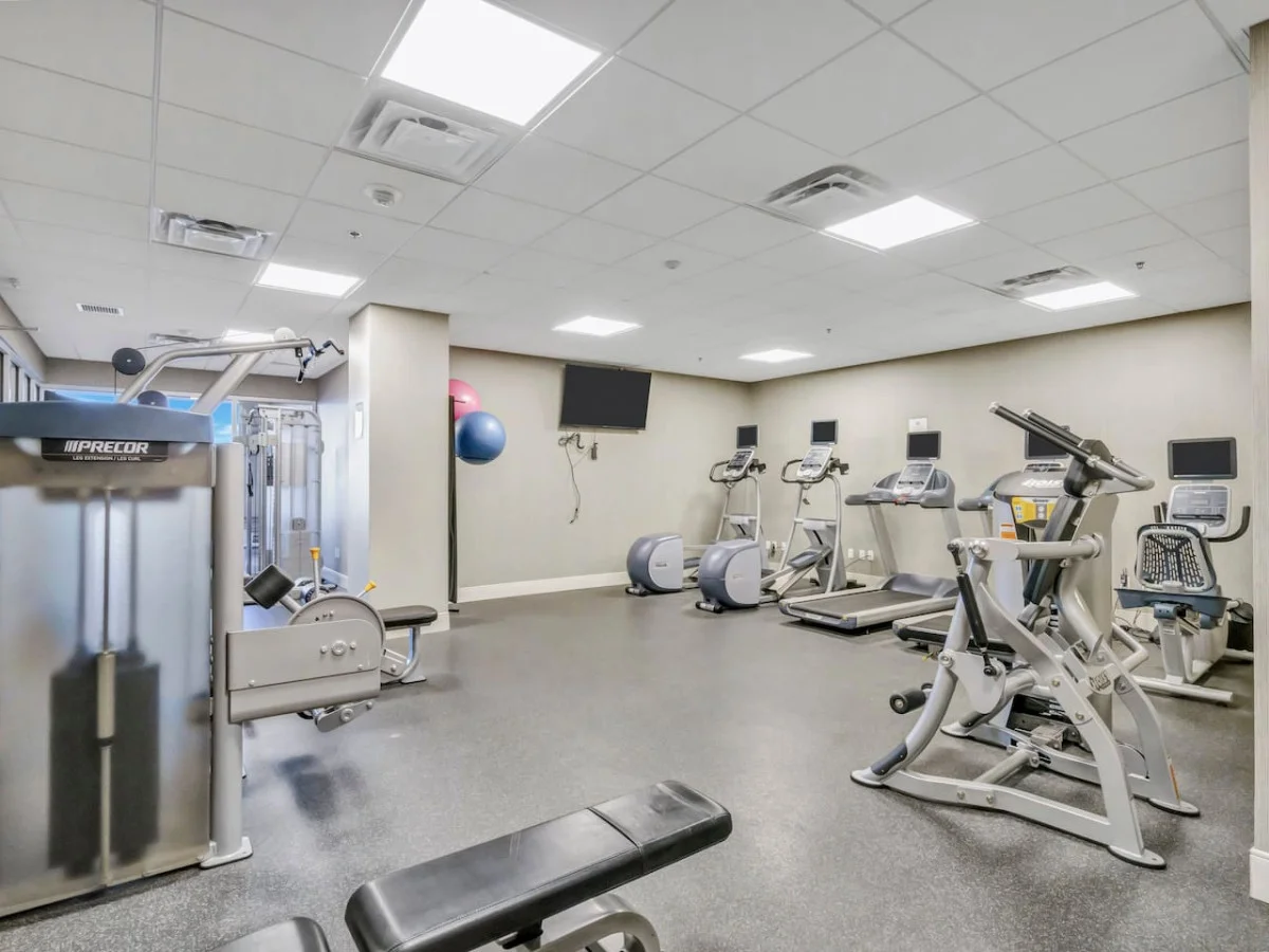 Spacious, well-lit gym equipped with a variety of cardio machines, free weights, and strength-training equipment.