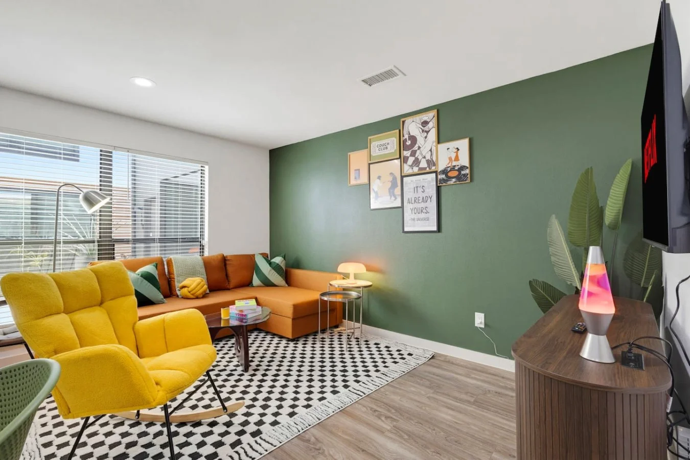 Comfortable living space open to kitchen and dining area