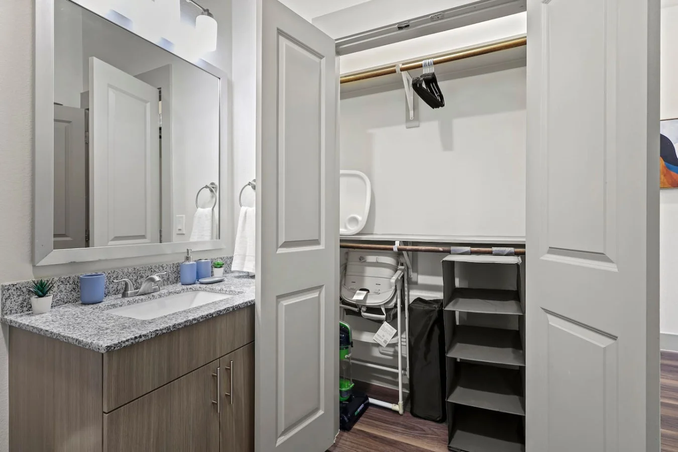 Neatly designed closet with hanging space and shelves, making it easy to stay organized and comfortable throughout your visit.