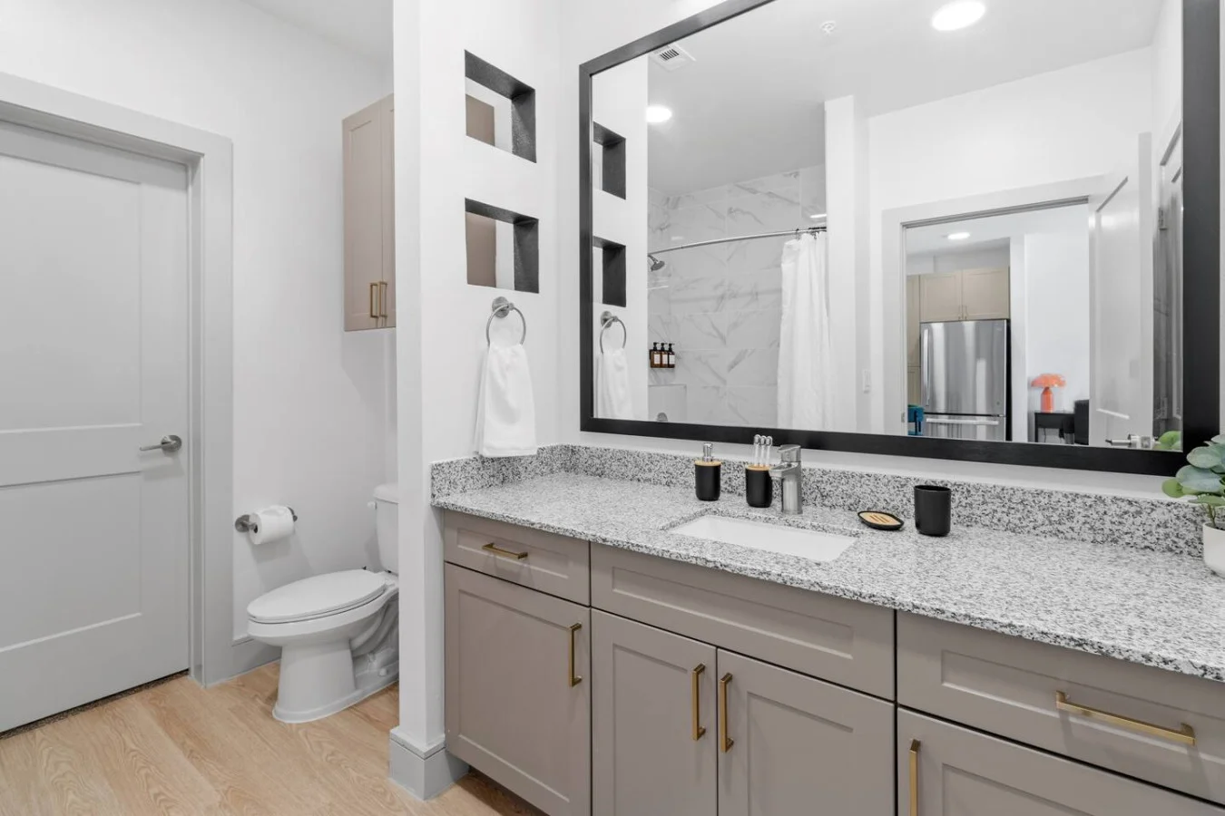 A tranquil bathroom featuring high-quality materials and a design that soothes the senses.