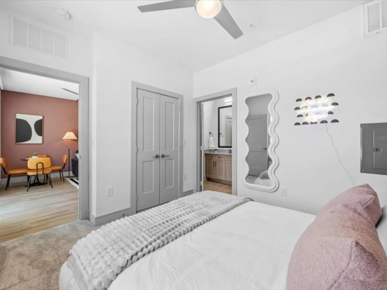 Spacious bedroom with stylish decor, perfect for unwinding after a day of exploring the local area.