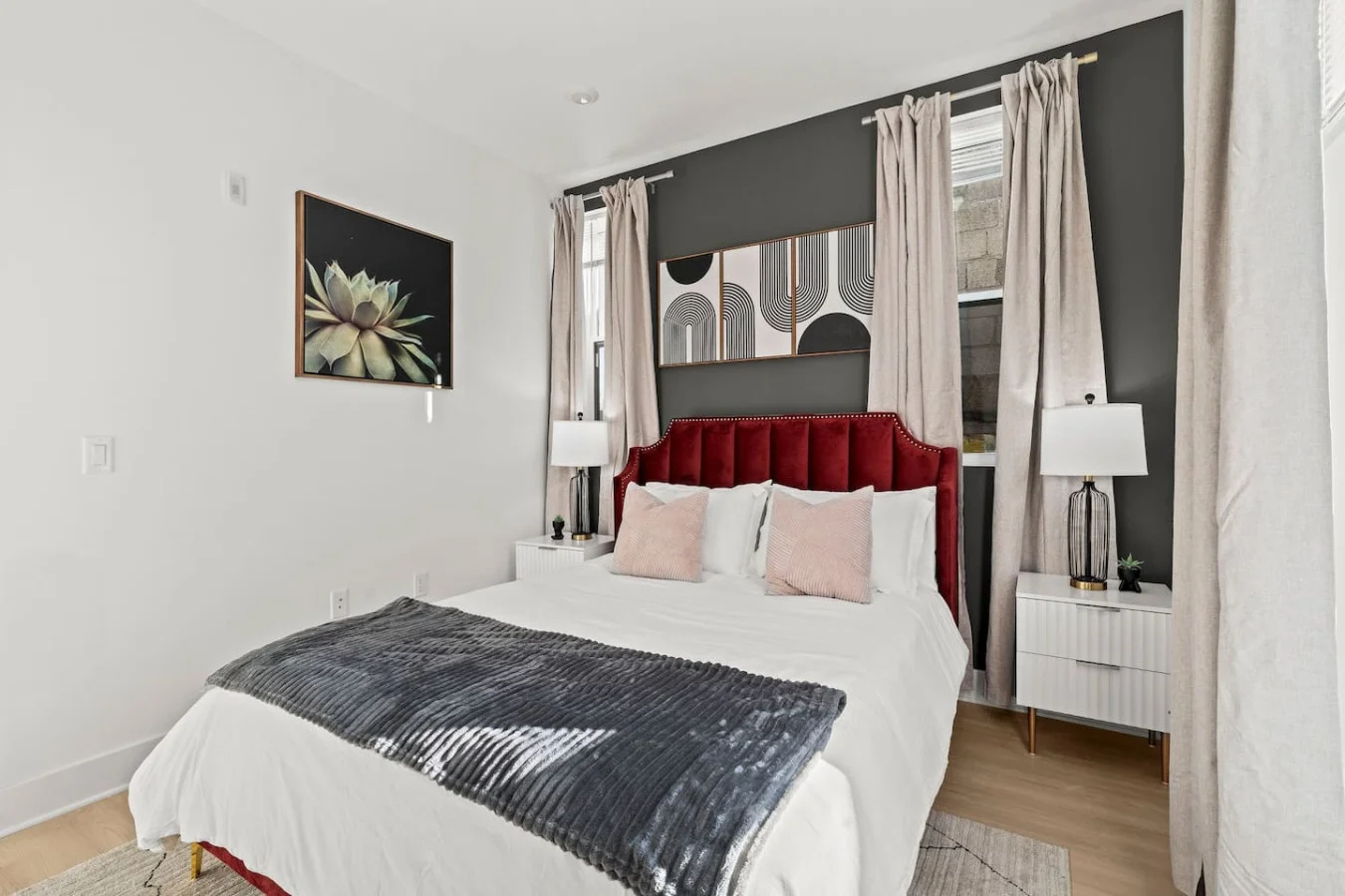 Spacious bedroom with a plush queen-size bed that comfortably sleeps 2