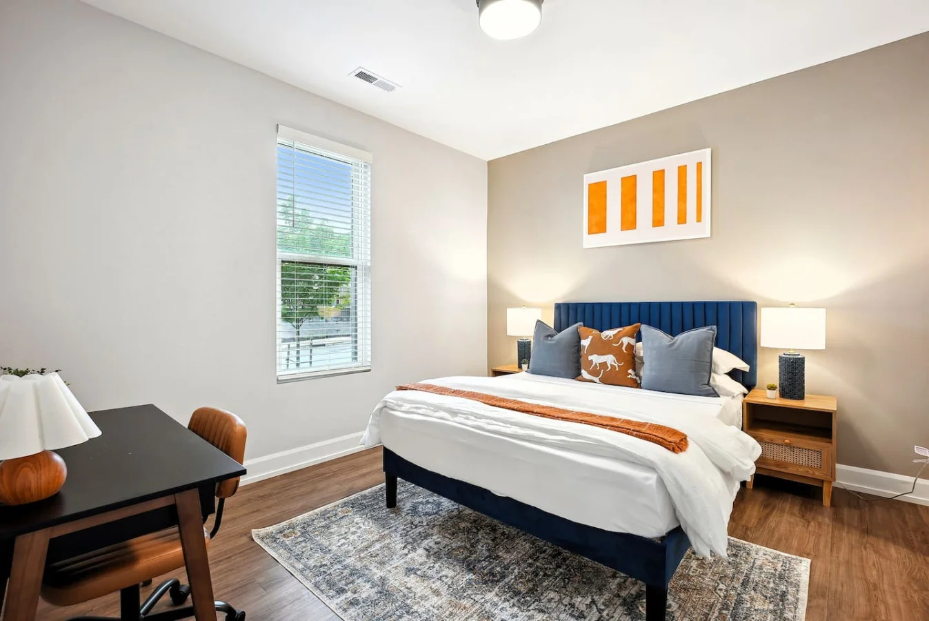 You feel a sense of peace as you step the bedroom with its inviting decor and soothing tones.elax