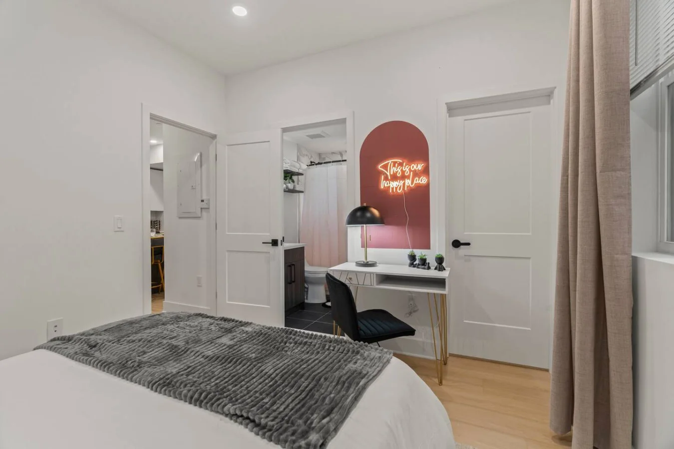 As you enter the bedroom, the comfortable bedding and peaceful atmosphere create the perfect retreat from the day.