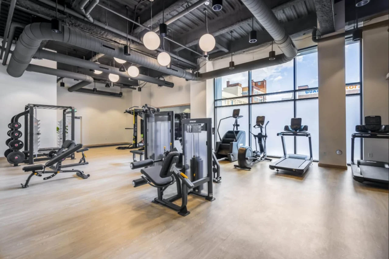 Spacious, well-lit gym equipped with a variety of cardio machines, free weights, and strength-training equipment.