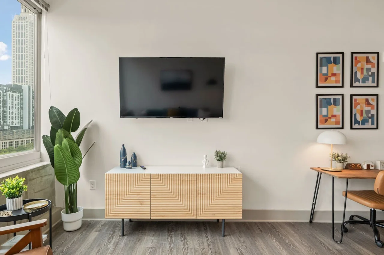 Relax in the living room and watch your favorite shows, lounging is a great way to unwind after a long day.