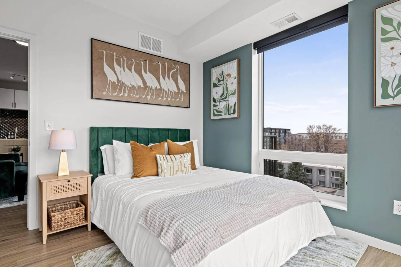 Elegant and bright master bedroom with ensuite washroom and a cozy queen size bed. Big windows for natural lights and a view.