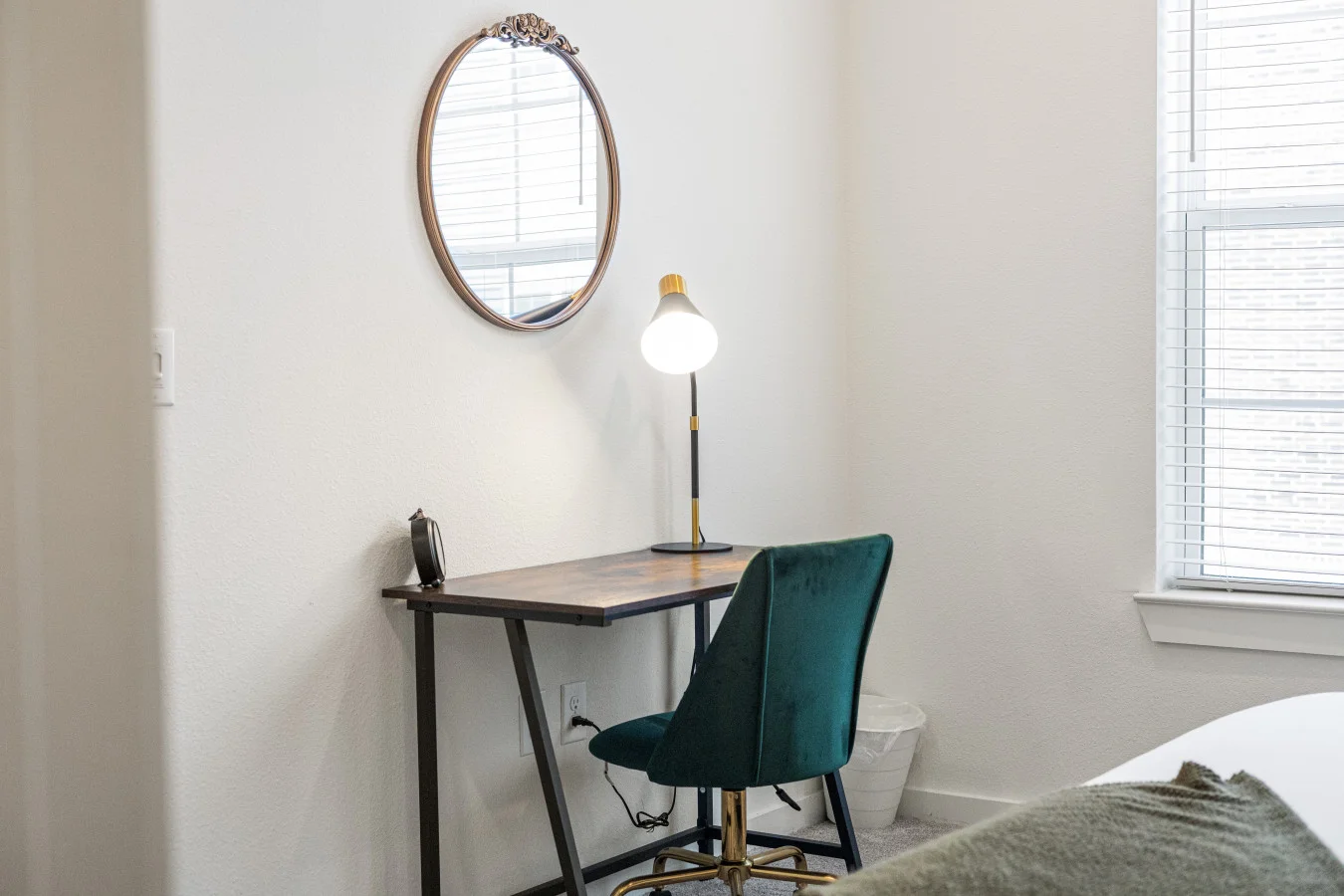 Need to get some work done during your stay? This cozy corner desk with a comfy velvet chair and natural light is the perfect setup for remote work or planning your day.