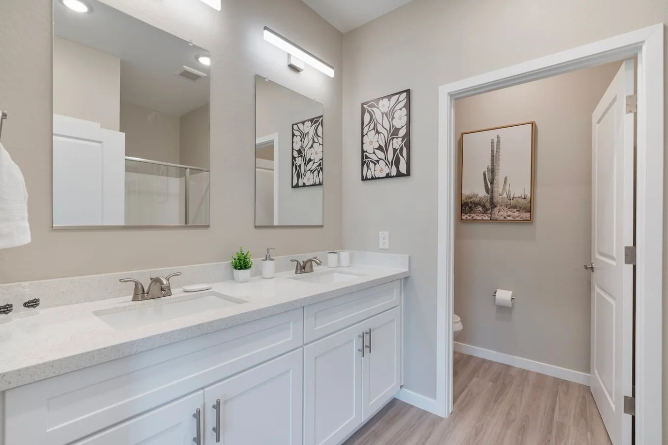 You feel a sense of calm as you enter the bathroom, where the thoughtful design and high-quality materials create a serene environment.