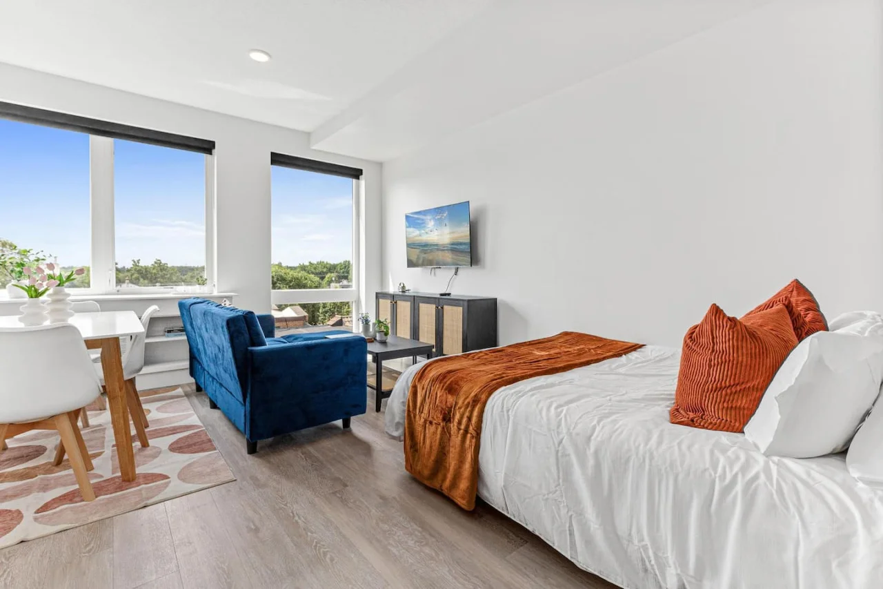 Spacious bedroom with stylish decor, perfect for unwinding after a day of exploring the local area.