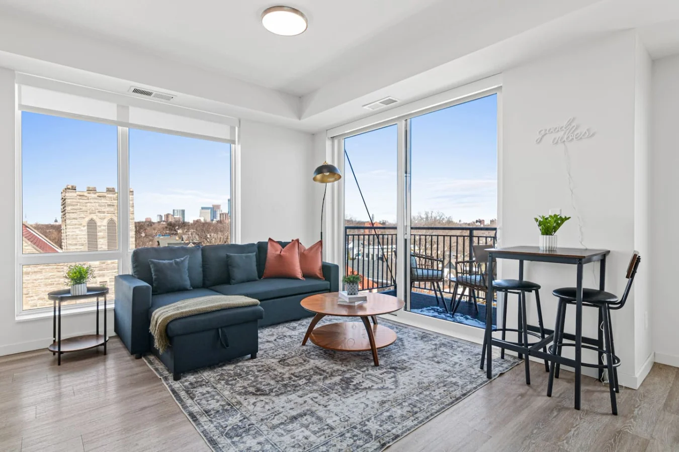 Spacious living room with stylish decor, perfect for unwinding after a day of exploring the local area.