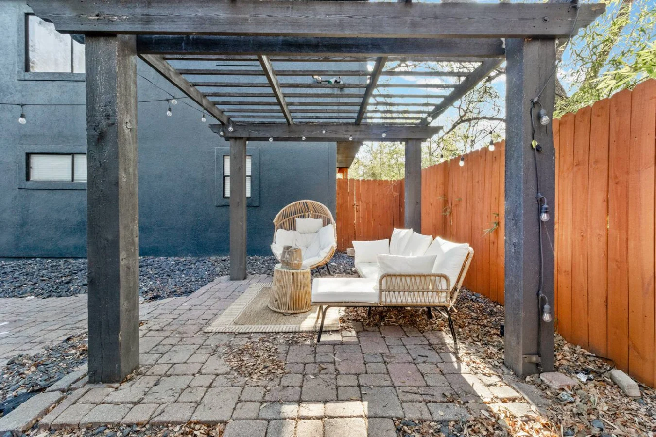 Shared outdoor lounge with shaded seating