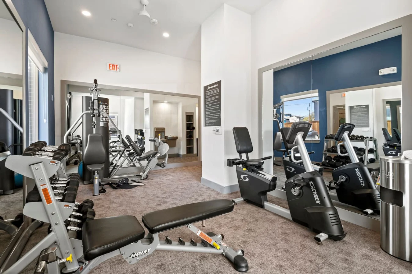 Spacious, well-lit gym equipped with a variety of cardio machines, free weights, and strength-training equipment.