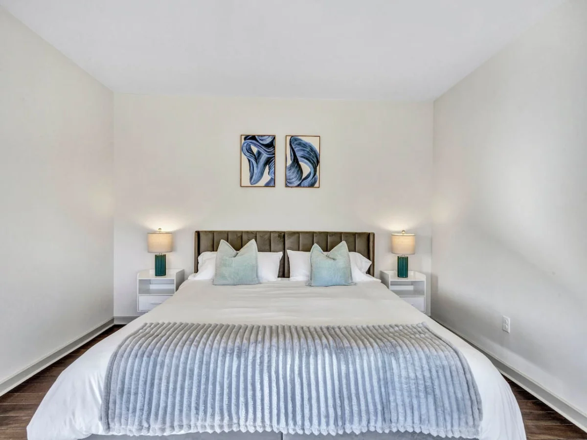 As you lie back on the queen bed, you are surrounded by elegant decor and a soothing color palette that calms the senses.